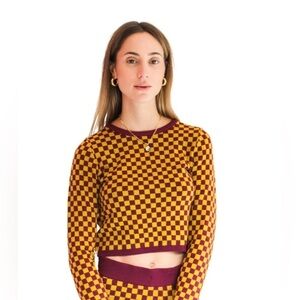 NWT Daydreamer Revolve Women’s Cropped Checkered Sweater Size XL Burgundy Gold
